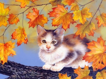 Cat Painting - cat with red leaves Maday Jane
